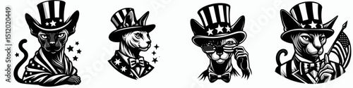 Sphynx Cat. 4th of July Independence Day American Flag Patriotism Usa America Clipart Vector Illustration. Hairless feline breed exploring naked domestic shorthair creature behavior.