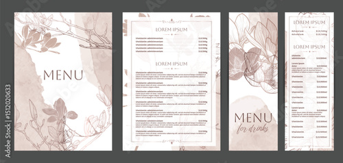Colorful food and drinks menu designs. Restaurant menu template. Beautiful vector A4 format with high quality flowers for print and online usage. Pastel hand drawn line art magnolia illustrations. 