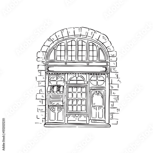 Schilderij op canvas A line drawn traditional shop front in black and white with an arched window