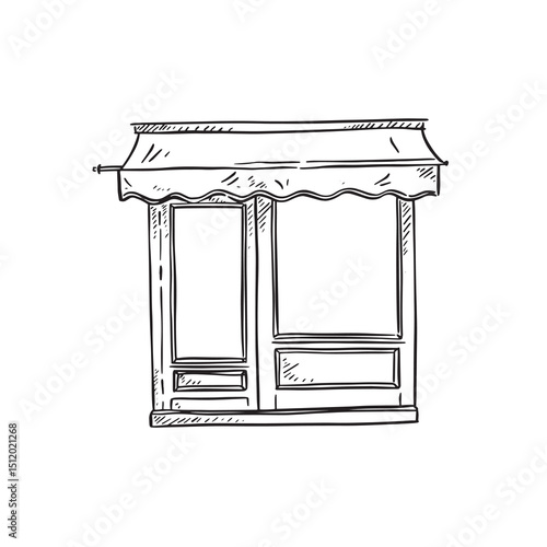 A line drawn shop front in black and white. Building illustration with a canopy.