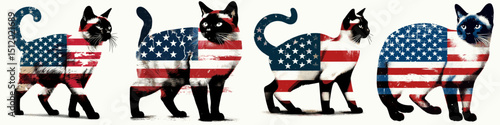 Siamese Cat. 4th of July Independence Day American Flag Patriotism Usa America Clipart Vector Illustration. Exotic feline a seal point thai breed admired for amazing color mutation.