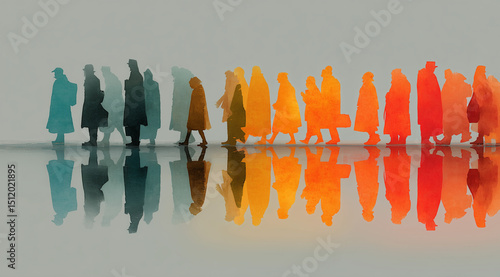 People in Muted Tones Form Geometric Line on Horizon, Minimalist Style. Diversity concept.