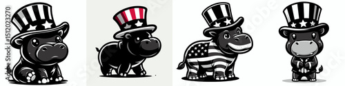 Pygmy hippo. 4th of July Independence Day American Flag Patriotism Usa America Clipart Vector Illustration. Petite water horse rare equatorial africa mammal vulnerable wildlife creature.