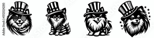 Pomeranian Dog. 4th of July Independence Day American Flag Patriotism Usa America Clipart Vector Illustration. Tiny canine breed fluffy companion animal cute toy spitz type family pet.