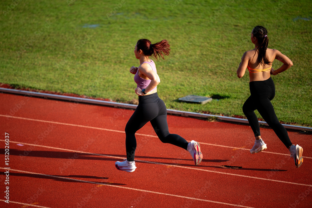Fototapeta premium Two women running on a track. One is wearing a purple shirt. The other is wearing a yellow top