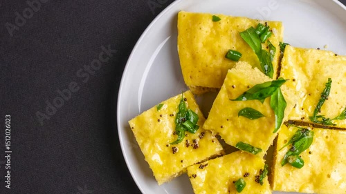 fresh and tasty dhokla steamed, fermented rice and chickpea cake 