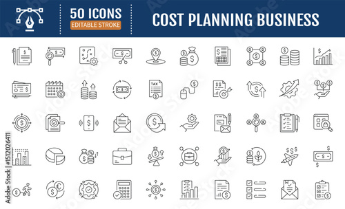 Cost planning line editable icon set. Containing budget,
expense, estimate, investment, funding icon. Vector illustration 