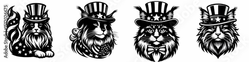 Maine Coon Cat. 4th of July Independence Day American Flag Patriotism Usa America Clipart Vector Illustration. Gentle giant find a big loving longhair feline companion with unique pelt.
