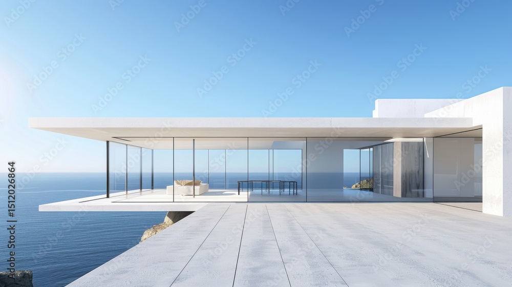 Fototapeta premium Minimalist white concrete house with floor-to-ceiling windows on a cliff overlooking ocean clear blue sky modernist design sharp shadows.