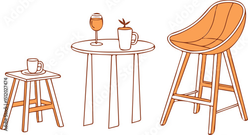 Minimal Modern Wooden Stools in Flat Vector Style with Orange Seats