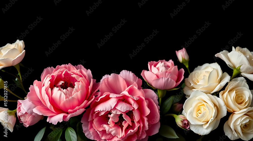 Fototapeta premium loral banner, flower cover or header with vintage bouquets. Pink peonies, white roses isolated on black background