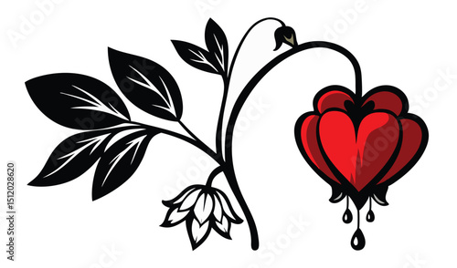 Stylized bleeding heart flower botanical illustration