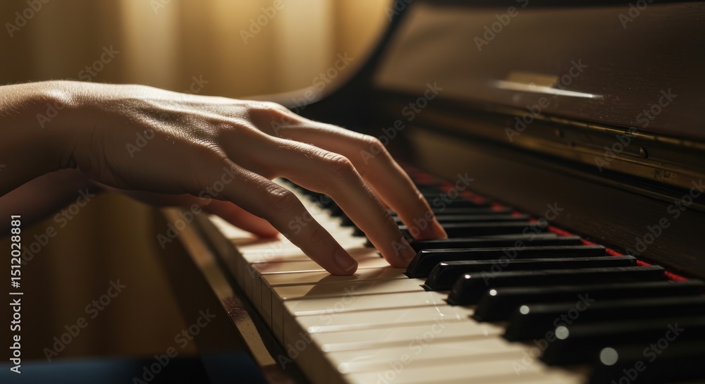 Obraz premium Hands playing a piano keyboard in a dimly lit room with curtains.