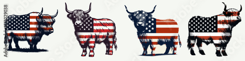 Highland Cow. 4th of July Independence Day American Flag Patriotism Usa America Clipart Vector Illustration. Scottish bovine hardy cattle breed hairy kine iconic livestock.