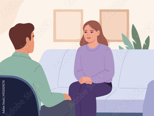 psychotherapy session, woman talking to psychologist sitting on sofa,  flat vector illustration