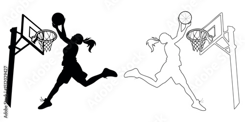 combined silhouettes of basketball players dunking a ball with strong motion and energy, one solid black and one outlined, representing power and agility in sports