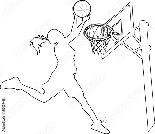outline illustration of a basketball player mid-air dunking a ball into the hoop with minimal line, dynamic motion, and movement concept