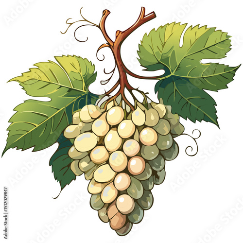 Bunch of grapes vector floral illustration. Image of summer fruits and leaves on isolated background. Raw materials for wine and juice