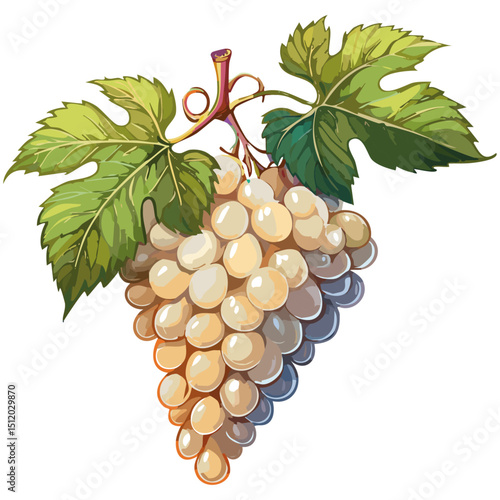 Bunch of grapes vector floral illustration. Image of summer fruits and leaves on isolated background. Raw materials for wine and juice
