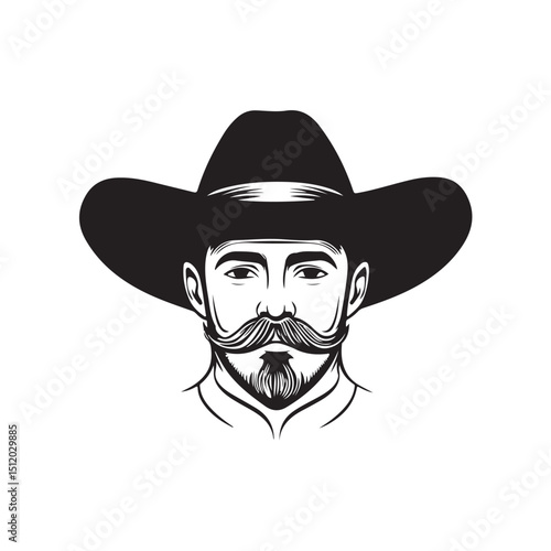 Vector illustration of a cowboy wearing a classic wide-brimmed hat, embodying the rugged and adventurous spirit of the Wild West