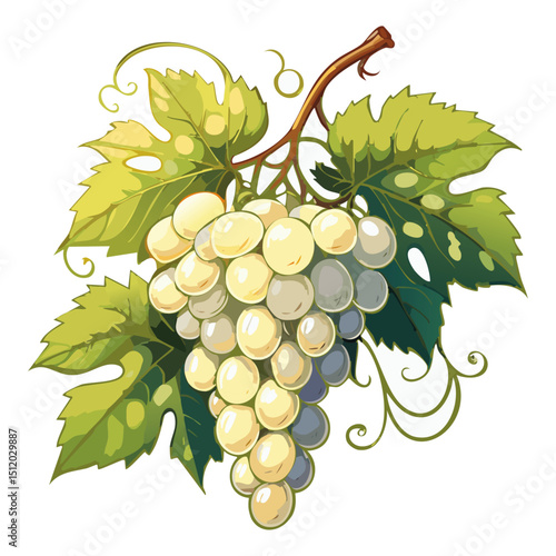 Bunch of grapes vector floral illustration. Image of summer fruits and leaves on isolated background. Raw materials for wine and juice