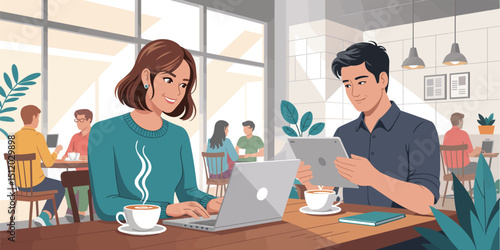 young people dinning and working in modern coffeehouse, people using laptop, flat vector illustration 