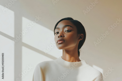 Portrait of woman in a minimalistic style illuminated by lighting, neutral background