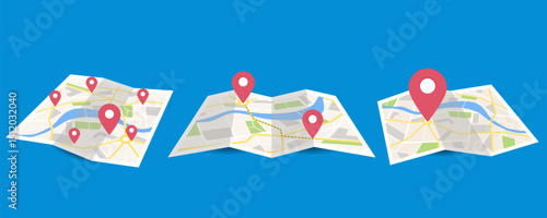 Folded Maps with Location Pins and Navigation Route Illustration. Illustrations for websites, landing pages, mobile apps, posters and banners