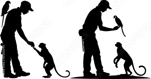 Animal Trainer Silhouettes with Monkey and Parrot - Wildlife Interaction & Education