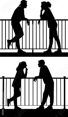 Silhouettes of People Leaning on Railing - Urban Conversation & Connection