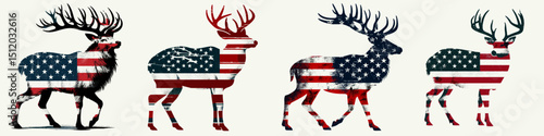 Deer. 4th of July Independence Day American Flag Patriotism Usa America Clipart Vector Illustration. Woodland ungulate observe wildlife browsing vegetation natures ruminant fauna.
