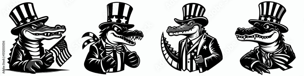 Obraz premium Crocodile. 4th of July Independence Day American Flag Patriotism Usa America Clipart Vector Illustration. Reptile predator fierce aquatic fauna wildlife hunting nature.