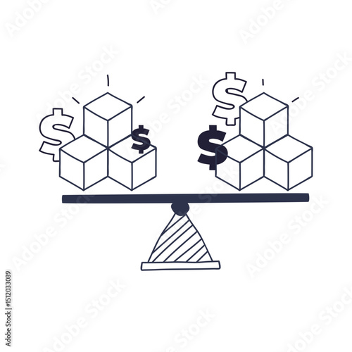 A balance beam with blocks and dollar signs symbolizes financial equilibrium.