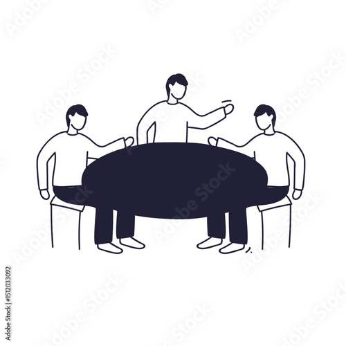 Three people discussing around a round boardroom table, symbolizing collaboration.