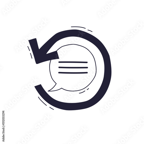 A loop arrow encircles a chat bubble, symbolizing feedback or communication cycle.