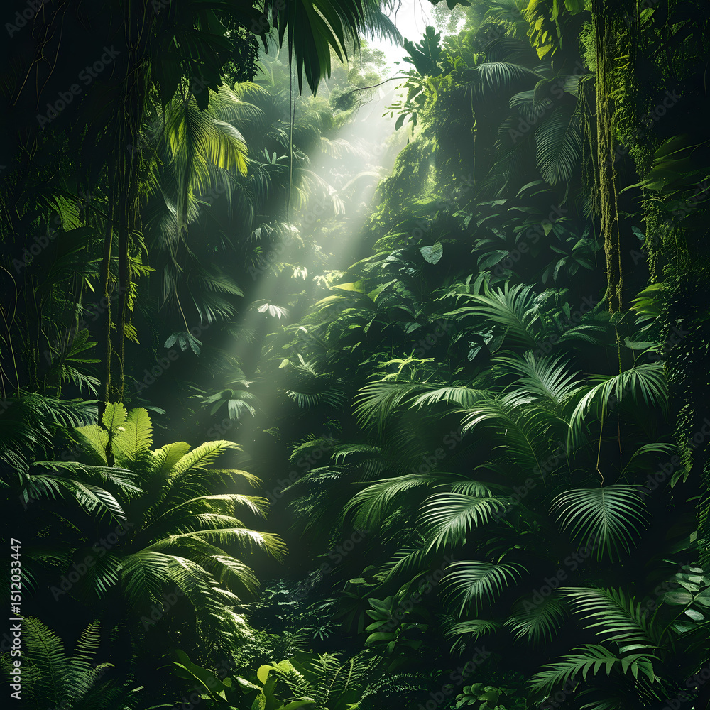 Naklejka premium Sunlit Rainforest A Glimpse into the Lush Tropical Jungle