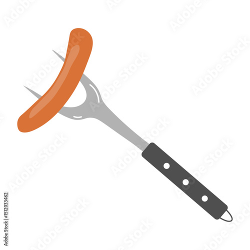 Tool used for grilling sausages in outdoor cooking during summer gatherings or barbecues with friends. Flat style vector illustration.