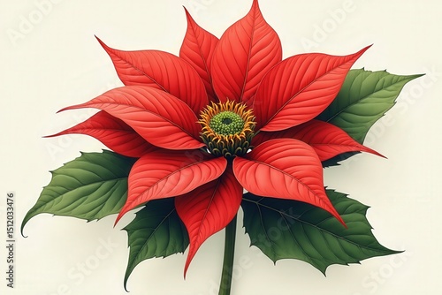 Red poinsettia flower with green leaves