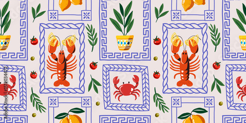 Seamless Mediterranean pattern with framed lobster, crab, lemons, olive branches, potted plants, tomatoes, Greek key borders, summer seafood theme, vector coastal repeat background