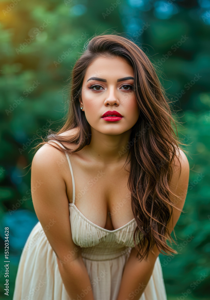 Naklejka premium Beautiful Woman in Beige Dress Outdoors Summer Fashion Portrait