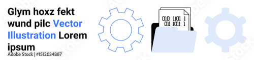 Folder holding binary code documents next to gears symbolizing data processing and technical systems. Ideal for data storage, file organization, coding, technology, innovation, automation, simple