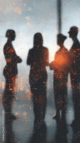 Vertical silhouette of business team standing in office, double exposure with glowing digital network nodes and connection lines, teamwork and tech integration concept
