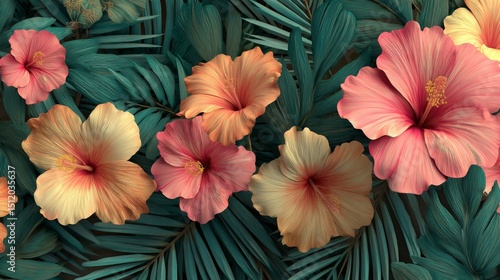 Wallpaper Mural Pink and Orange Hibiscus Flowers on Teal Leaves Torontodigital.ca