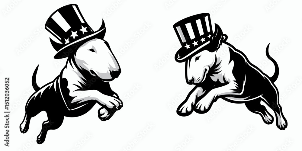 Fototapeta premium Bull Terrier Dog. 4th of July Independence Day American Flag Patriotism Usa America Clipart Vector Illustration. breed guide canine companion detail and care for stout pet.