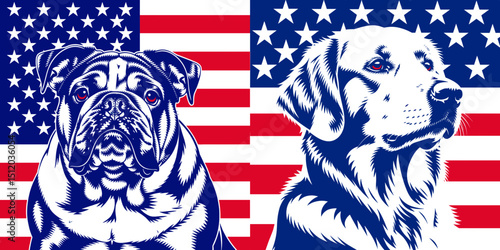 Bulldog Dog Labrador Retriever Dog. 4th of July Independence Day American Flag Patriotism Usa America Clipart Vector Illustration. Canine breed plus retriever a loyal companion animal type.