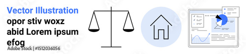 Scales symbolize justice, house represents real estate, dashboard for data analytics. Ideal for law, housing, finance, research, decision-making, statistics simple landing page