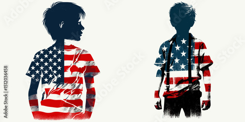 boy. 4th of July Independence Day American Flag Patriotism Usa America Clipart Vector Illustration. Young male child juvenile human kid developing lad descendant.