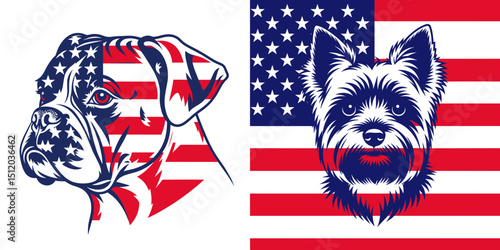 Boxer Dog Yorkshire Terrier Dog. 4th of July Independence Day American Flag Patriotism Usa America Clipart Vector Illustration. Canine companion adorable breed athletic mastiff family member.