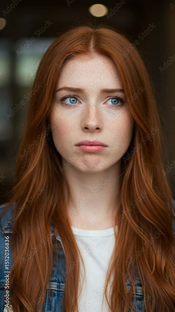 Portrait of a sad red haired woman with blue eyes looking down with a denim jacket and white tee shirt Portrait of a sad red haired woman with blue eyes looking down with a denim jacket and white tee shirt