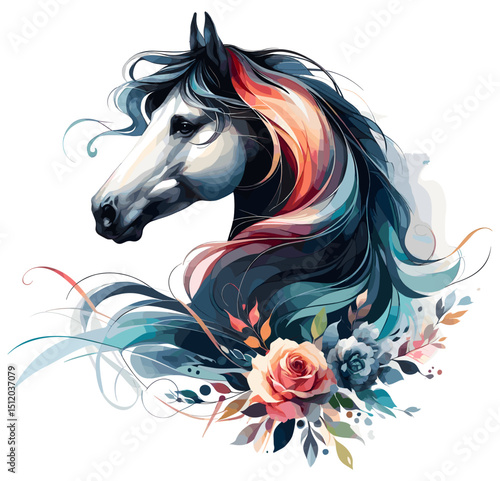 White Horse. Circle. Horse head.  Portrait. Watercolor style. Isolated on a white background. Banner. Vector illustration, AI